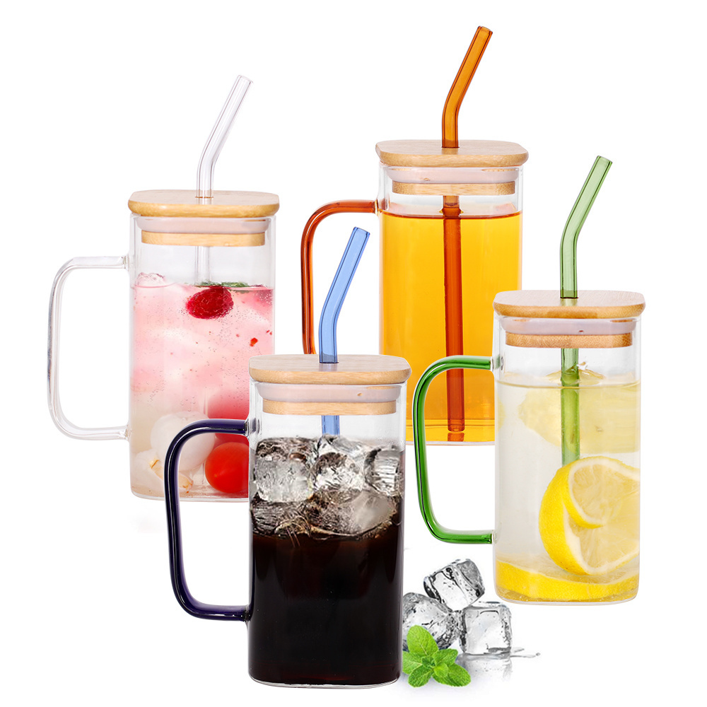 Drinking Glass Cups 17 Oz Colored Square Glass Mugs with Bamboo Lid Straw and Handle for Juice Water Iced Coffee