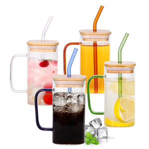 Drinking Glass Cups 17 Oz Colored Square Glass Mugs with Bamboo Lid Straw and Handle for Juice Water Iced Coffee