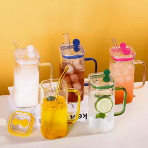 Clear square tumbler glass beer soda cup with plastic lid colorful straw and handle