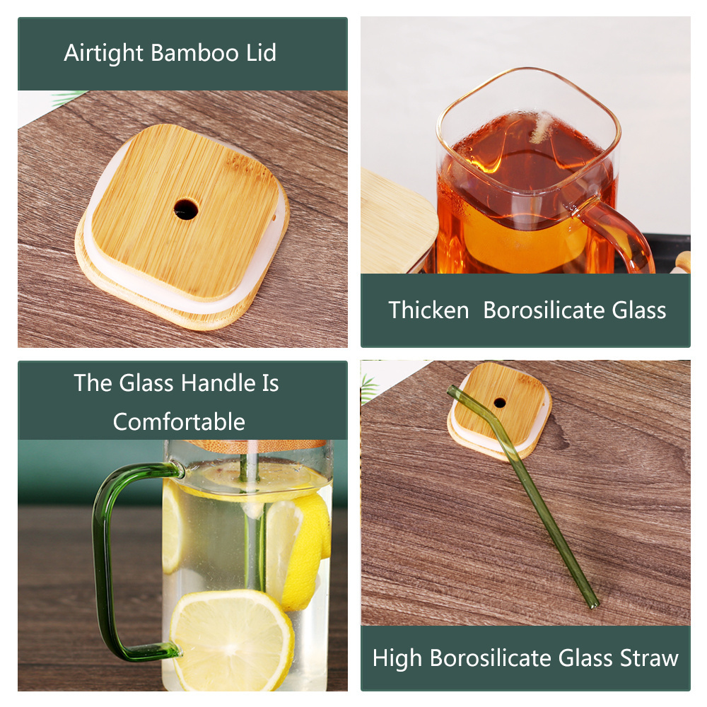 Drinking Glass Cups 17 Oz Colored Square Glass Mugs with Bamboo Lid Straw and Handle for Juice Water Iced Coffee