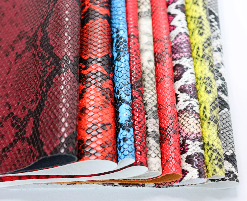 Eco soft vegan synthetic PVC fabric backing leather animal printing snakeskin embossed artificial leather for shoes bags