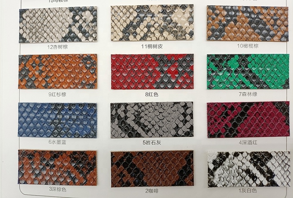 Eco soft vegan synthetic PVC fabric backing leather animal printing snakeskin embossed artificial leather for shoes bags