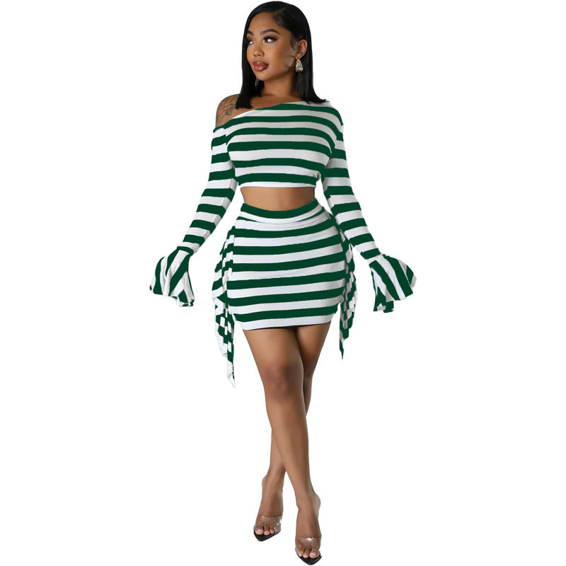 2023 New Stylish Black And White Stripe Print One Shoulder Long Sleeve Sexy Mini Skirt Two Piece Set