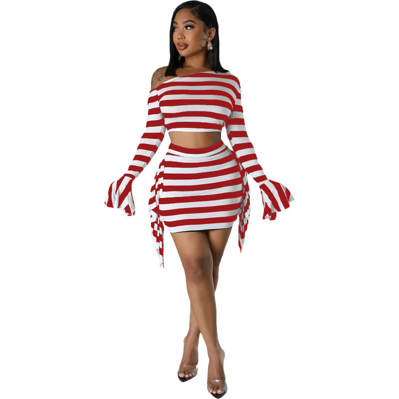 2023 New Stylish Black And White Stripe Print One Shoulder Long Sleeve Sexy Mini Skirt Two Piece Set