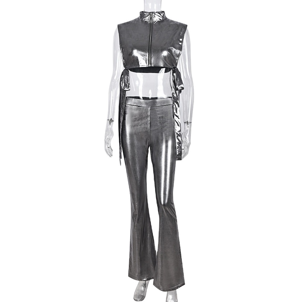 YS9667c Sexy Stretch Leather Two Piece Set Women Solid Side Hollow Bandage Tank Tops and Flared Pants Matching 2024 Club Outfits