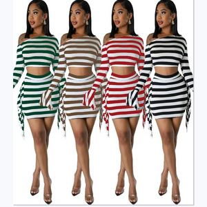 2023 New Stylish Black And White Stripe Print One Shoulder Long Sleeve Sexy Mini Skirt Two Piece Set