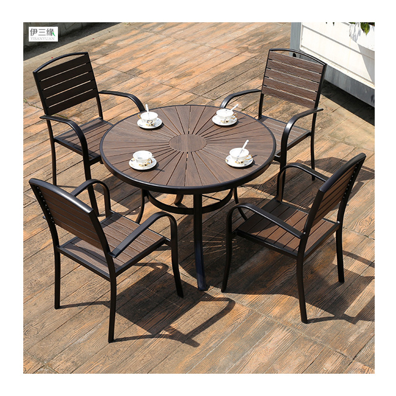 Modern Style outdoor terrace furniture anticorrosive plastic round wood balcony tables and chairs set