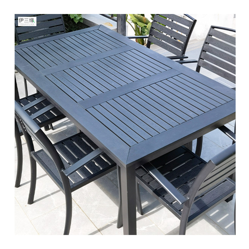 Black Outdoor Dining Sets Plastic Wood And Aluminum Frame Table Set Stack Chairs Outdoor Furniture