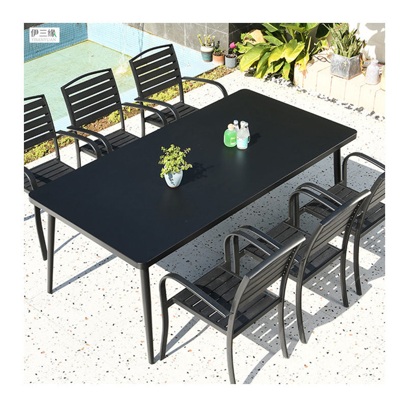 Black Outdoor Dining Sets Plastic Wood And Aluminum Frame Table Set Stack Chairs Outdoor Furniture