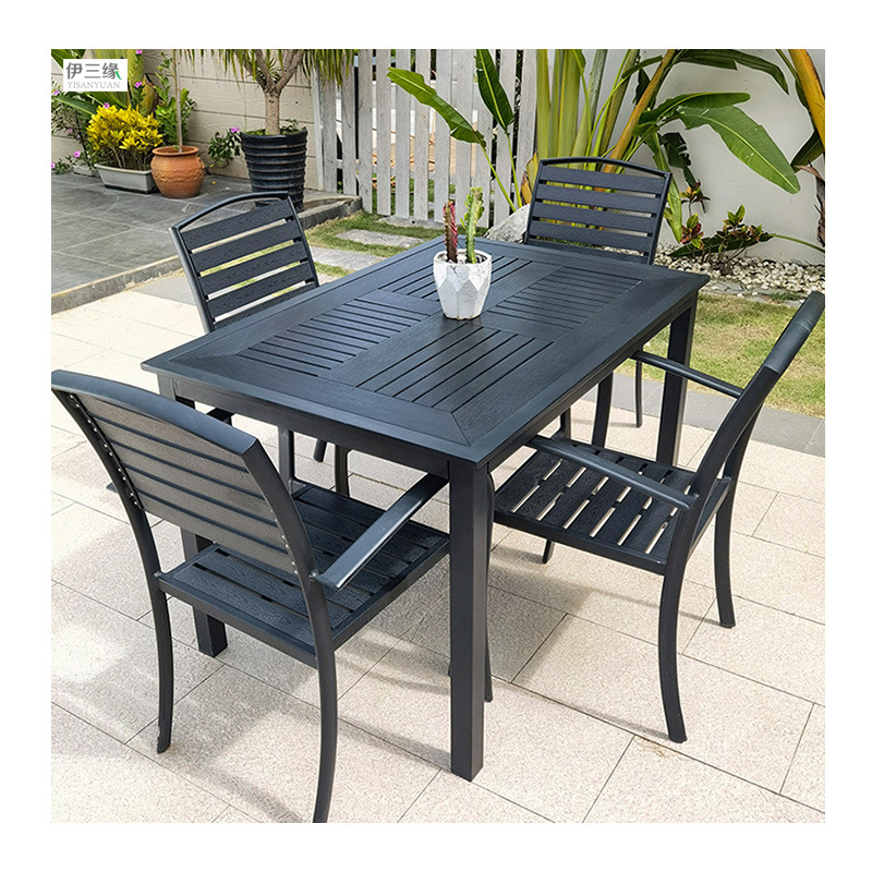 Black Outdoor Dining Sets Plastic Wood And Aluminum Frame Table Set Stack Chairs Outdoor Furniture