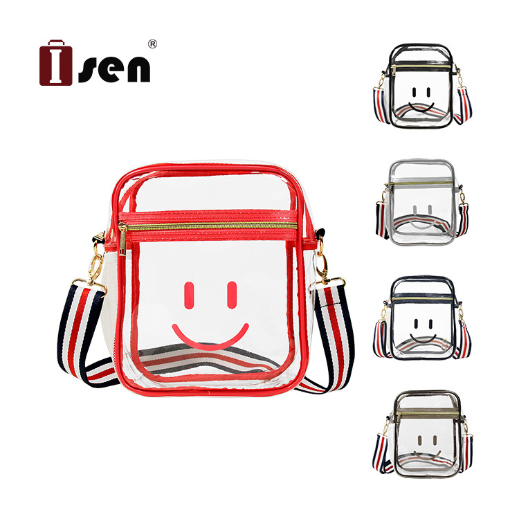 ISEN High Quality Custom Clear PVC Stadium Crossbody Shoulder Bag Transparent Messenger Sling Bags With Adjustable Length