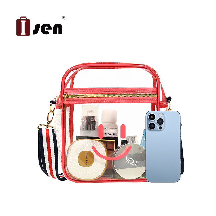 ISEN High Quality Custom Clear PVC Stadium Crossbody Shoulder Bag Transparent Messenger Sling Bags With Adjustable Length