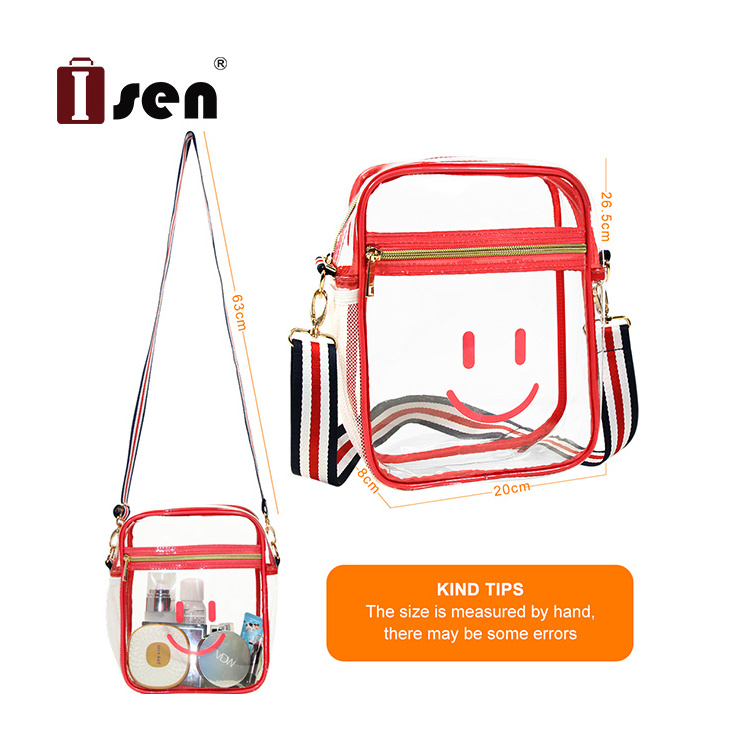 ISEN High Quality Custom Clear PVC Stadium Crossbody Shoulder Bag Transparent Messenger Sling Bags With Adjustable Length