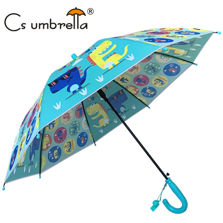 YS-6016 New Design Children Umbrella With Whistle Cute Dinosaur Printing Match color Handle Straight POE Umbrella For Kids