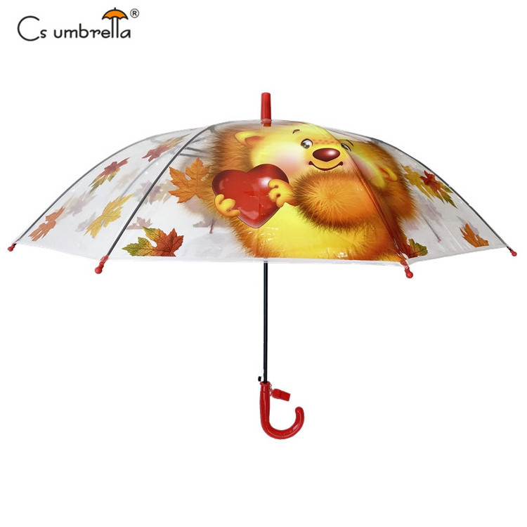 YS-6020 Manufacturer Supply Clear Kids Umbrella Lovely Animal Printing Straight Transparent POE Children Umbrella With Whistle