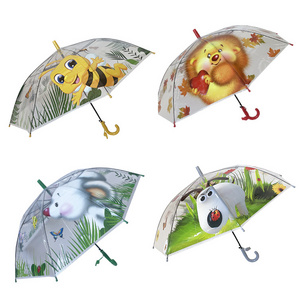 YS-6020 Manufacturer Supply Clear Kids Umbrella Lovely Animal Printing Straight Transparent POE Children Umbrella With Whistle