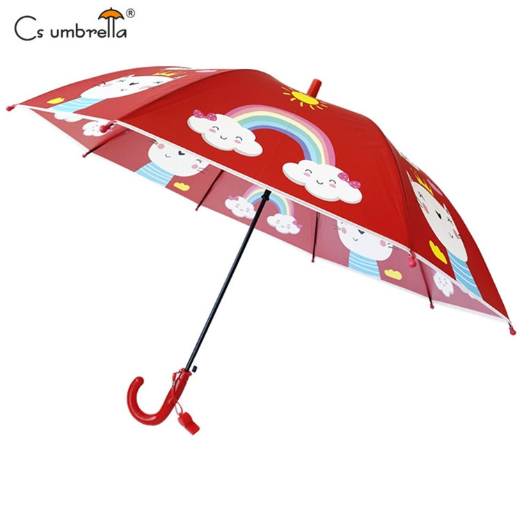 YS-6021 Factory Supply Children Umbrella With Whistle Colorful Handles Lovely Carton Printing Auto Open POE Umbrella For Kids