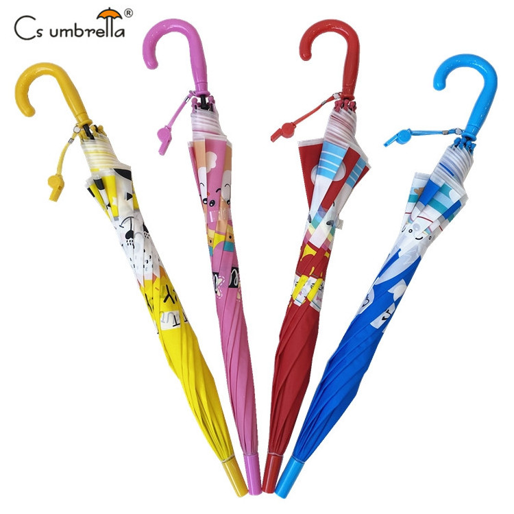 YS-6021 Factory Supply Children Umbrella With Whistle Colorful Handles Lovely Carton Printing Auto Open POE Umbrella For Kids