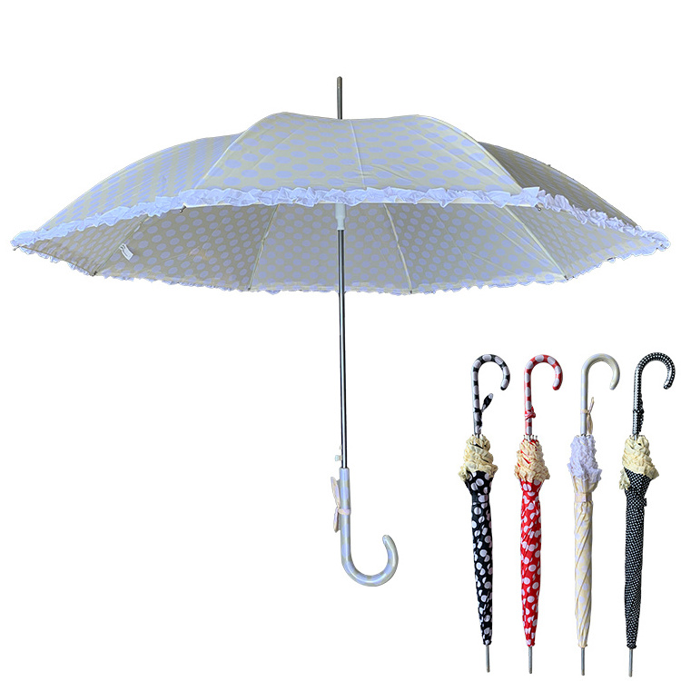 YS-1120 High Quality Sun And Rain Umbrella With Ruffle Polka Dots Fabric Auto Open Straight Umbrella For Lady