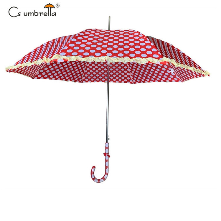 YS-1120 High Quality Sun And Rain Umbrella With Ruffle Polka Dots Fabric Auto Open Straight Umbrella For Lady