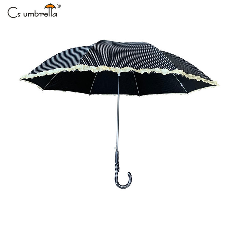 YS-1120 High Quality Sun And Rain Umbrella With Ruffle Polka Dots Fabric Auto Open Straight Umbrella For Lady