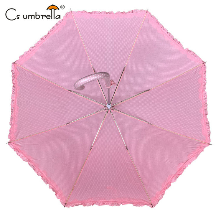 YS-1069 Auto Open Vintage Style Umbrella Ruffle Polka Dots Customize Printing J Handle Straight Umbrella With Lace For Women