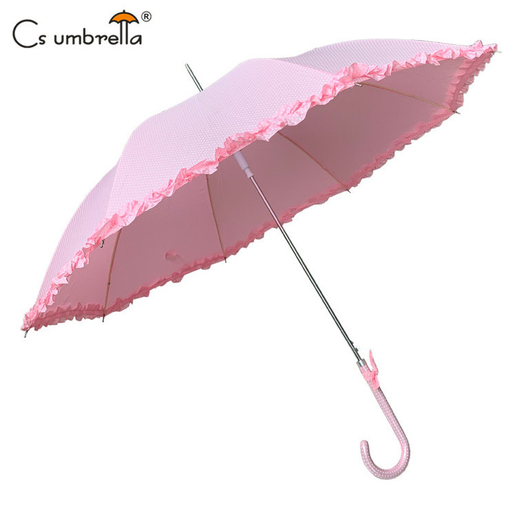 YS-1069 Auto Open Vintage Style Umbrella Ruffle Polka Dots Customize Printing J Handle Straight Umbrella With Lace For Women