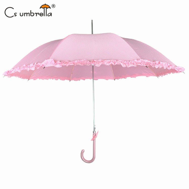 YS-1069 Auto Open Vintage Style Umbrella Ruffle Polka Dots Customize Printing J Handle Straight Umbrella With Lace For Women