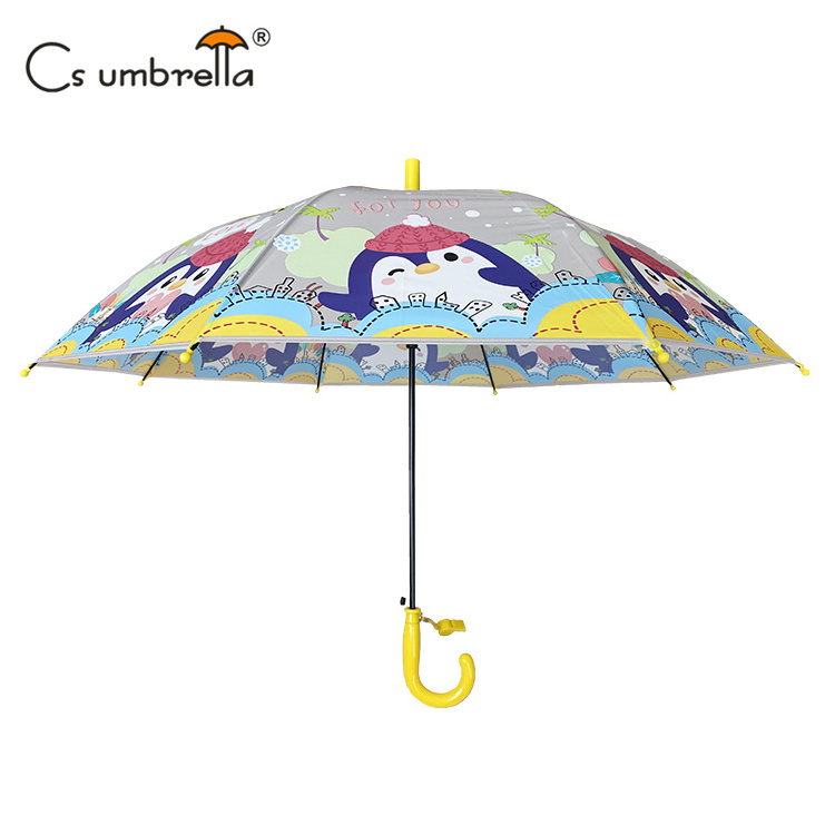 YS-6019 Hot Selling Straight Umbrella for Children Auto Open with Whistle POE Fabric Cartoon Animals Printing Kids Umbrella