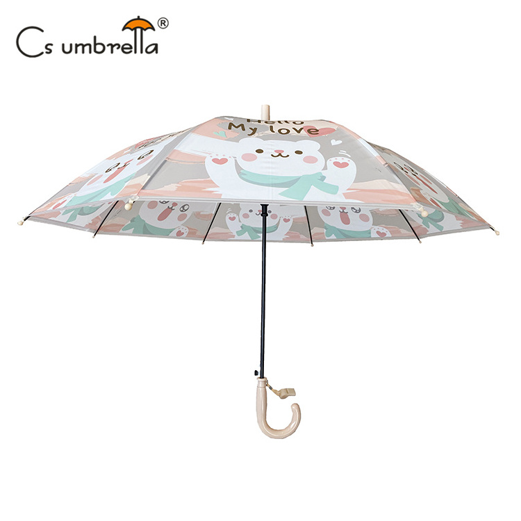 YS-6019 Hot Selling Straight Umbrella for Children Auto Open with Whistle POE Fabric Cartoon Animals Printing Kids Umbrella