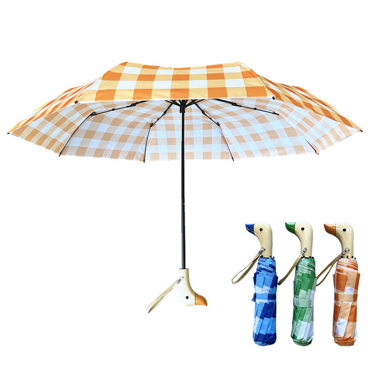 YS-3083 Umbrella Factory Cute Fold Umbrella Duck Shaped Wood Handle Pongee Fabric Windproof Manual Open 3 Folding Umbrella