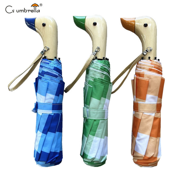 YS-3083 Umbrella Factory Cute Fold Umbrella Duck Shaped Wood Handle Pongee Fabric Windproof Manual Open 3 Folding Umbrella