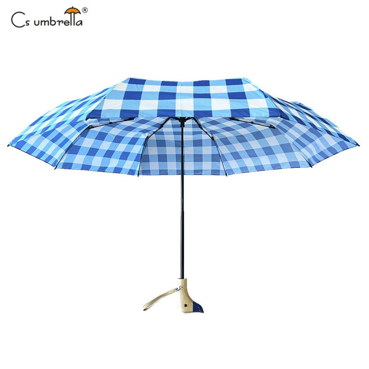 YS-3083 Umbrella Factory Cute Fold Umbrella Duck Shaped Wood Handle Pongee Fabric Windproof Manual Open 3 Folding Umbrella