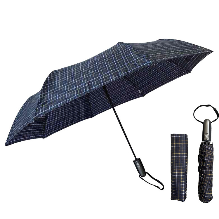 YS-3108 High Quality Business Gift Umbrella For Men Plaid Fabric Windproof Frame Custom Design Auto Open 3 Folding Umbrella