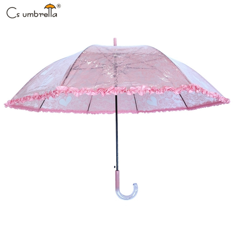 YS-1075 High Quality Luxury Lady Umbrella Transparent POE With Lace Pattern Print Auto Open Straight Umbrella With Ruffle