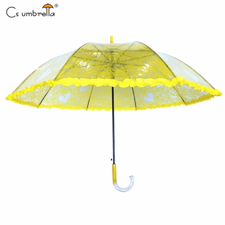 YS-1075 High Quality Luxury Lady Umbrella Transparent POE With Lace Pattern Print Auto Open Straight Umbrella With Ruffle