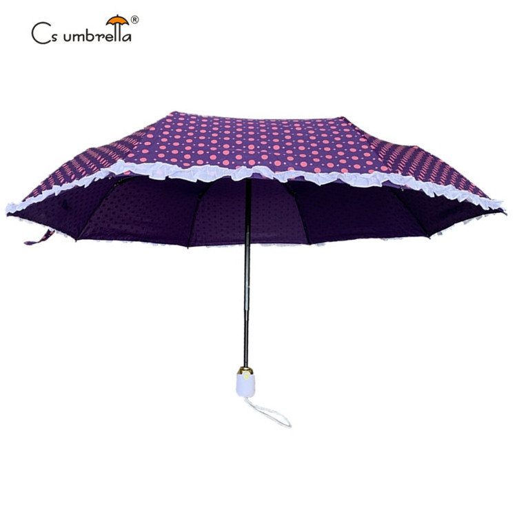 YS-3070 Hot Sale Folded Lady Umbrella With Polka Dots Print With Ruffle Windproof Compact Auto Open And Close 3 Folding umbrella