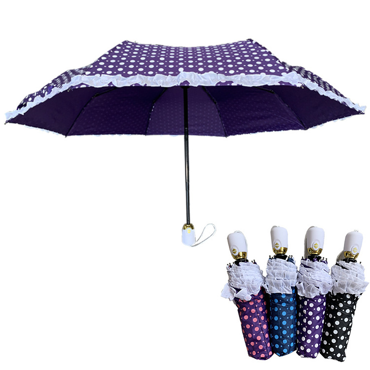 YS-3070 Hot Sale Folded Lady Umbrella With Polka Dots Print With Ruffle Windproof Compact Auto Open And Close 3 Folding umbrella