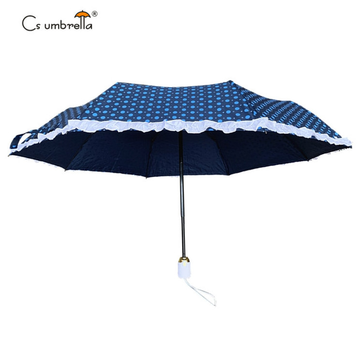 YS-3070 Hot Sale Folded Lady Umbrella With Polka Dots Print With Ruffle Windproof Compact Auto Open And Close 3 Folding umbrella