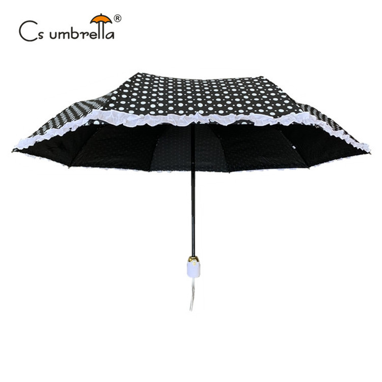 YS-3070 Hot Sale Folded Lady Umbrella With Polka Dots Print With Ruffle Windproof Compact Auto Open And Close 3 Folding umbrella