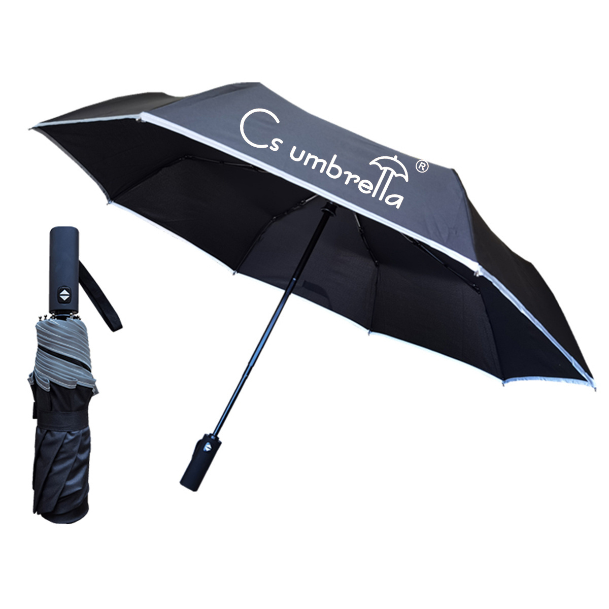 YS-3027 Factory Supply Promotional Folding Umbrella With Reflective Binding  Custom Logo Auto Open And Close 3 folded Umbrella