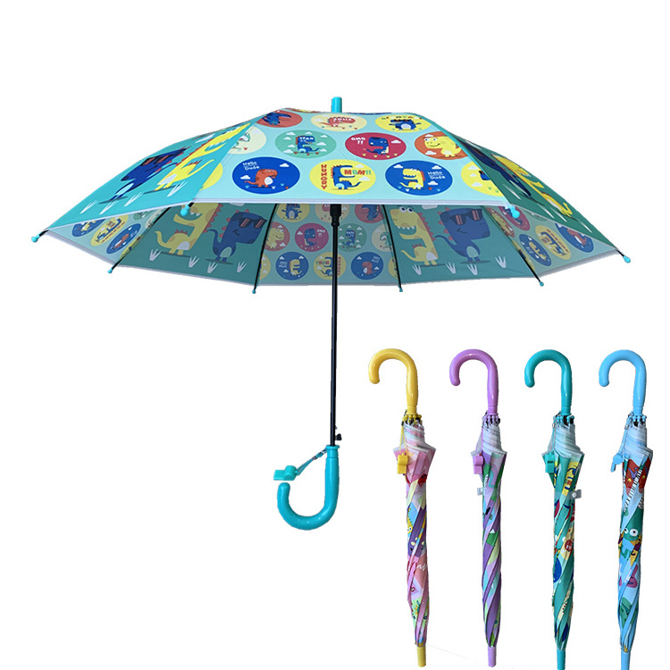 YS-6016 New Design Children Umbrella With Whistle Cute Dinosaur Printing Match color Handle Straight POE Umbrella For Kids