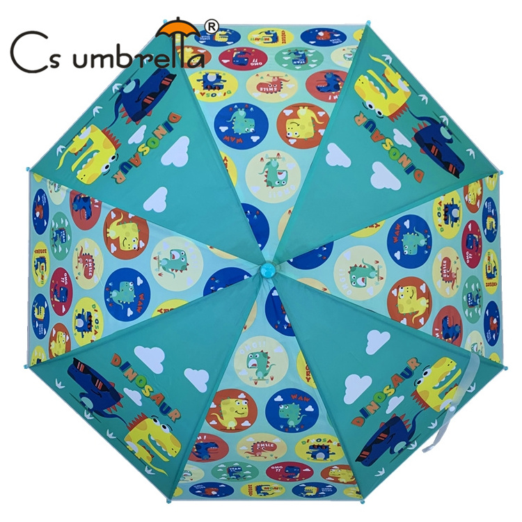 YS-6016 New Design Children Umbrella With Whistle Cute Dinosaur Printing Match color Handle Straight POE Umbrella For Kids