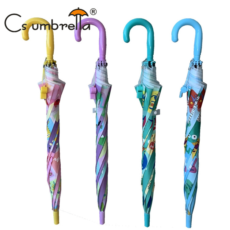 YS-6016 New Design Children Umbrella With Whistle Cute Dinosaur Printing Match color Handle Straight POE Umbrella For Kids