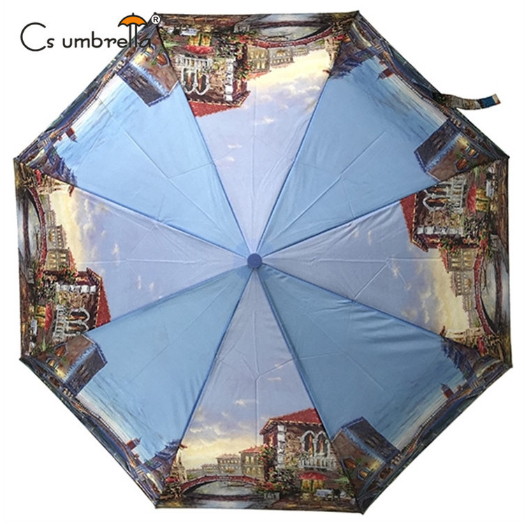 YS-3051 Heat Transfer Printing Foldable Umbrella Custom Printing Design Auto Open Portable Travel 3 Folding Umbrella