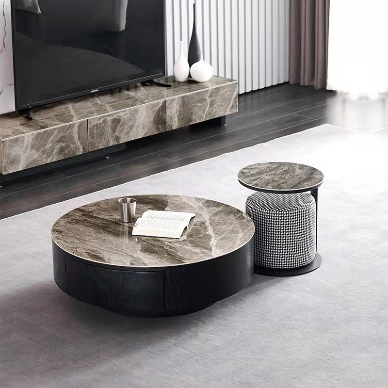 Modern size round coffee table set with stool, wooden rock slab Retractable marble coffee table TV cabinet