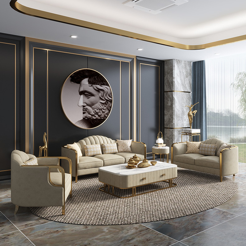 Modern luxury italian live room furniture sectionals 1 2 3 seater leather sofa set with gold metal leg