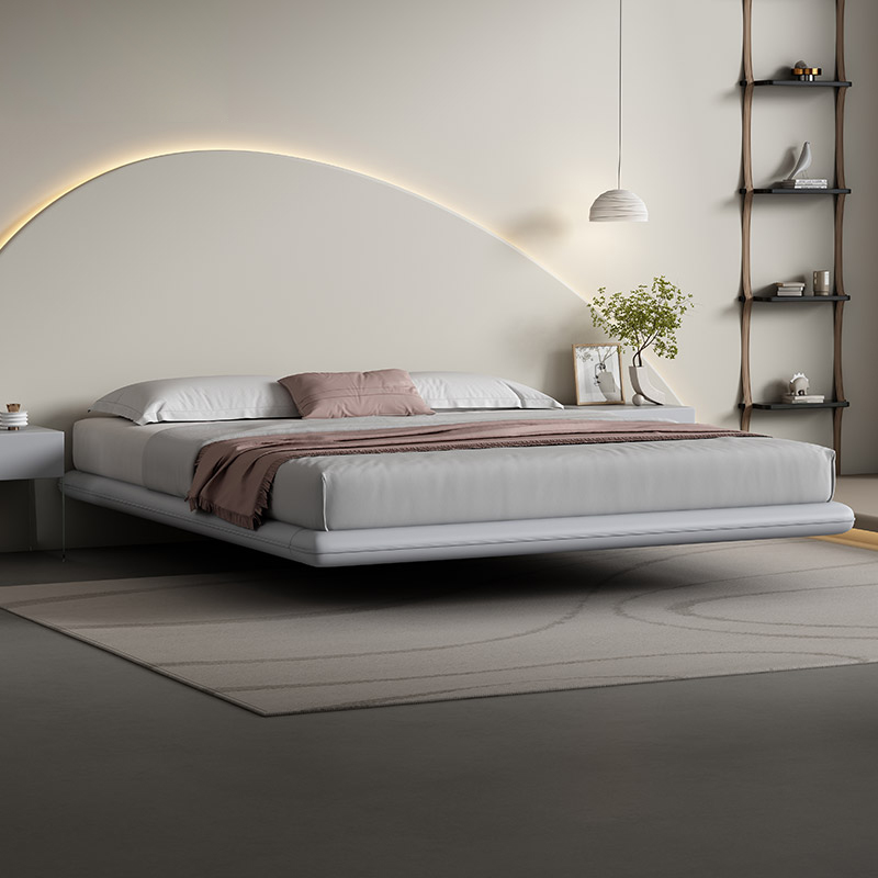 Modern Minimalist Floating Bed Frame in Leather Double Queen King Size with Storage Light Solid Wood Panel Style