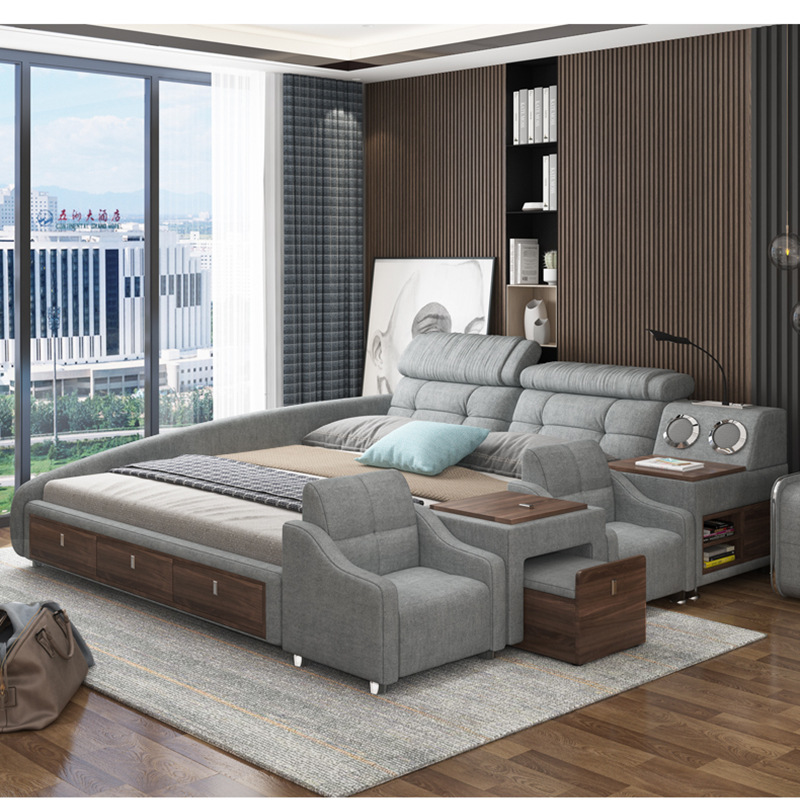 Hot-selling Smart Bedroom Furniture Multi-function Leather Bed Modern King Size Queen Size Bed With Massage Function + Speaker