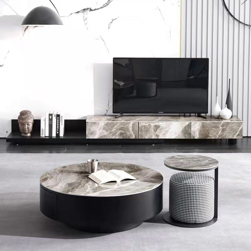 Modern size round coffee table set with stool, wooden rock slab Retractable marble coffee table TV cabinet